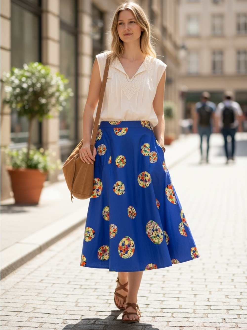 Anthropologie Royal Blue Midi Skirt with Floral Circles and Front Patch Pockets